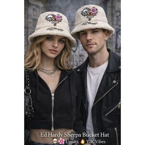 Ed Hardy Sherpa Bucket Hat Skull Floral Y2K Grunge Streetwear NWOT